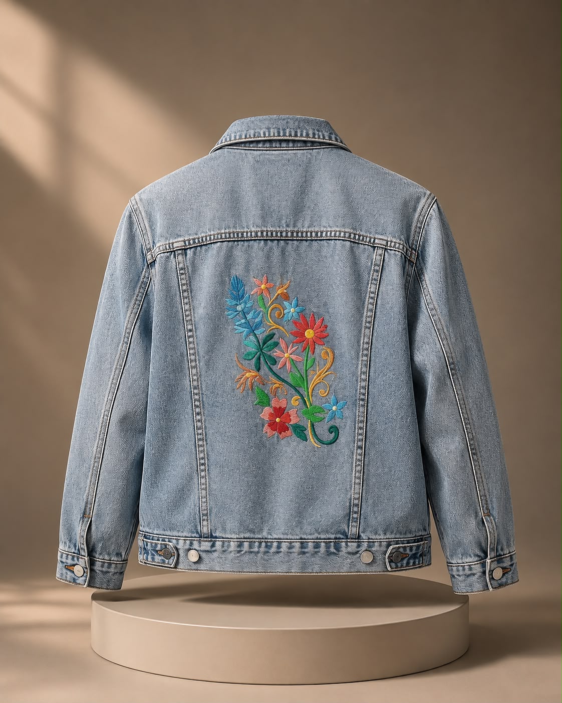 Denim jacket with floral back embroidery